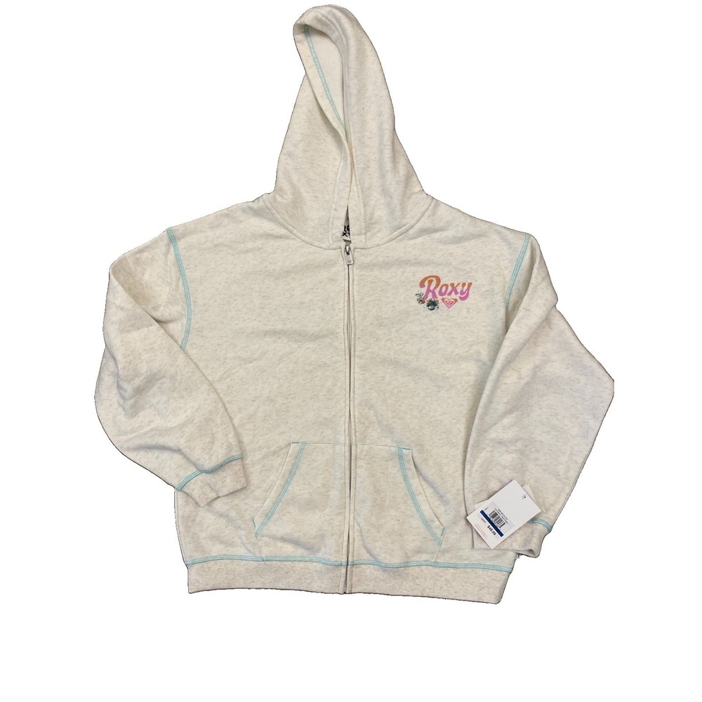NWT ROXY Girls Youth Zip Up Hoodie Logo On Front Graphic On Back Beige Sz XL 16